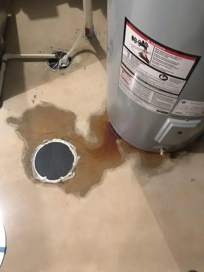Pooled water surrounds the base of a tank water heater near a drain