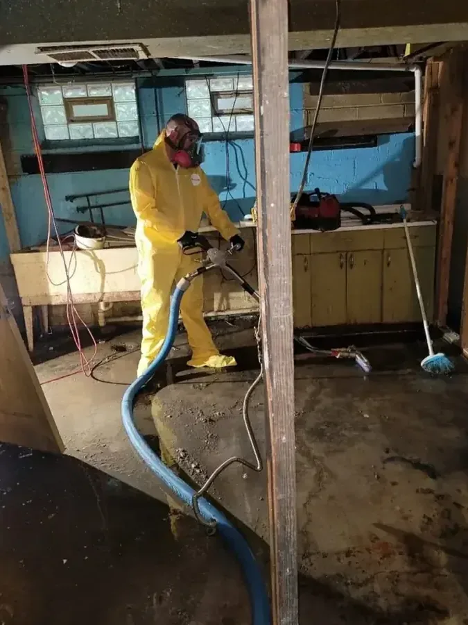 A worker in protective clothing extracts dirty water from an opened interior room