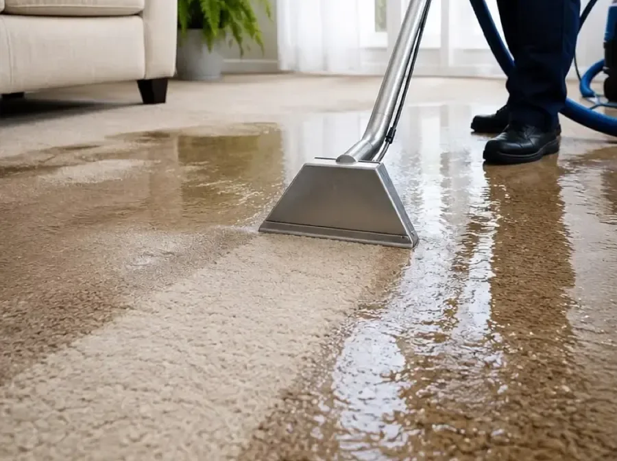 Extraction wand removing pooled water from carpet beside a worker wearing rubber boots
