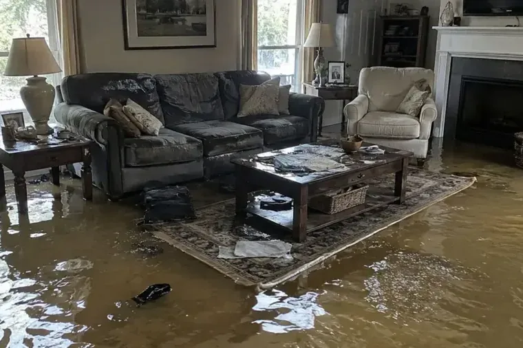 Floodwater covers a furnished living room floor around sofas and small tables
