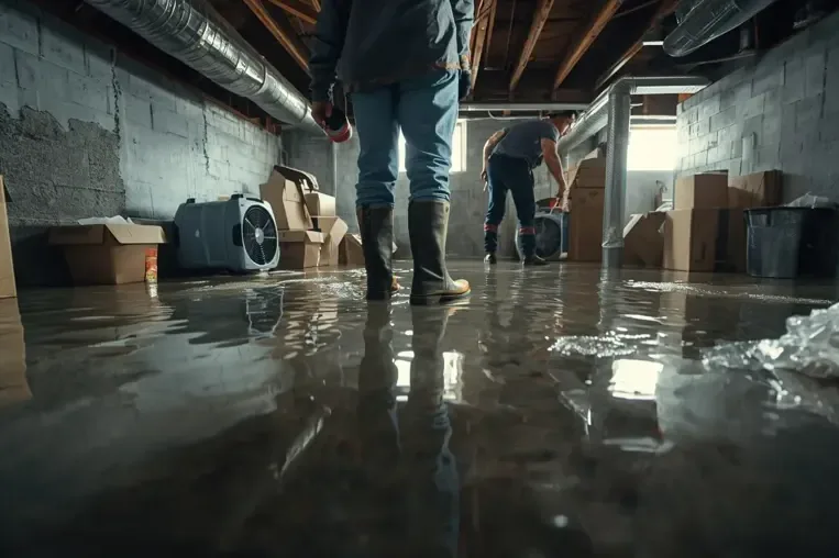Workers in boots standing in a lower-level room with water covering the floor