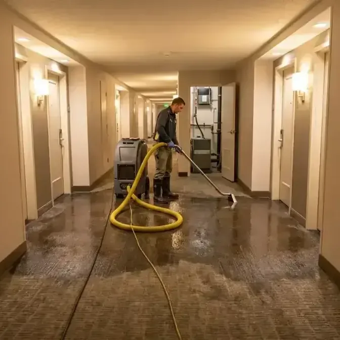 A technician draws an extraction wand through standing water covering a hallway floor