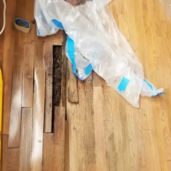 Removed wood floorboards reveal an open strip beside sheets of protective plastic