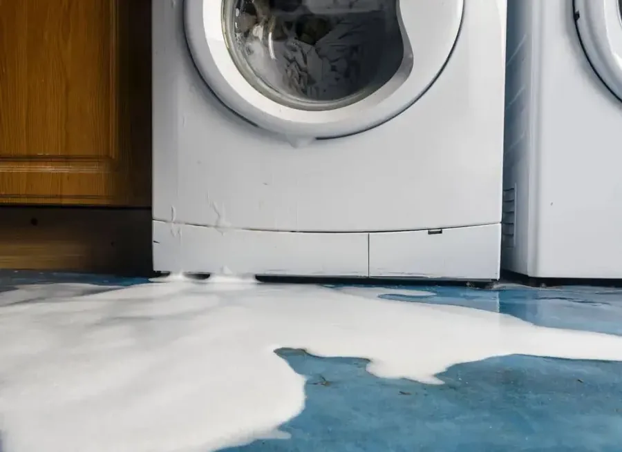Water and suds spreading across a floor below a washing machine