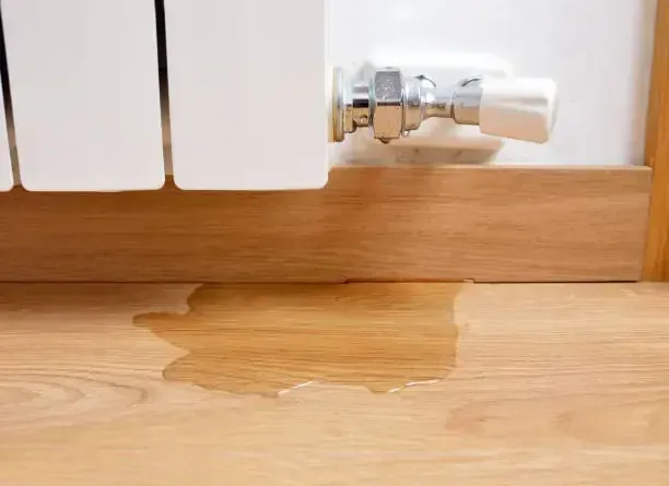 A puddle on wood flooring beneath a radiator valve