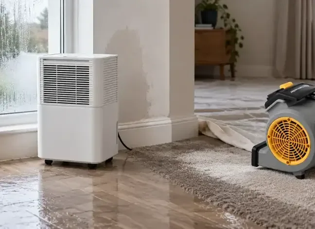 Dehumidifier and air mover beside a wet floor and rain-covered window